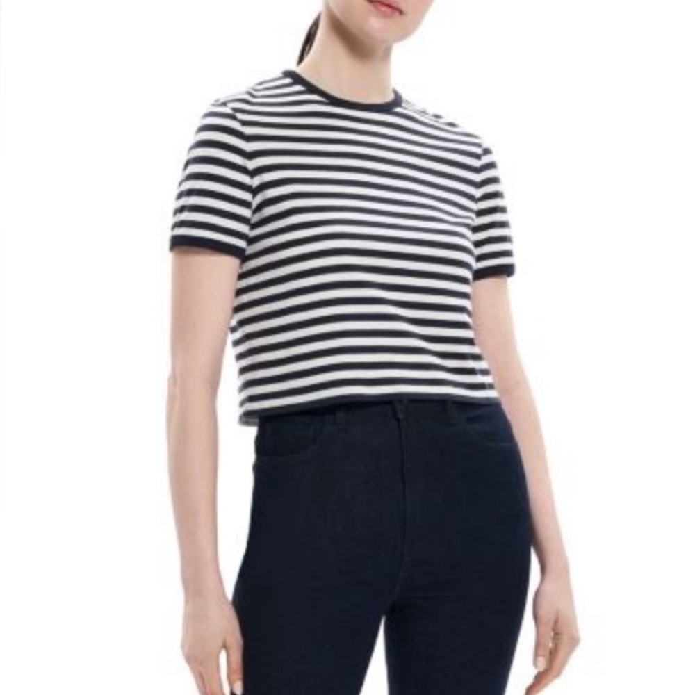 Theory PIMA COTTON Perfect Tee Clinton Stripe T-Shirt LARGE black white soft - Picture 3 of 9